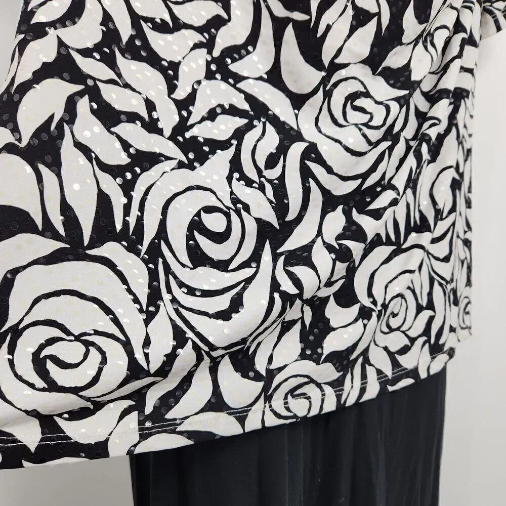 MSK Pullover Top Women's Size XL Blk & White Floral Short Sleeve Draped Neck - Picture 6 of 9